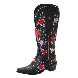 Blommigt hjärta broderade knähöga cowboy boots för damer