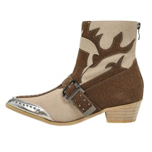 Dam khaki cowboy-ankelboots med spänne och silvertopp