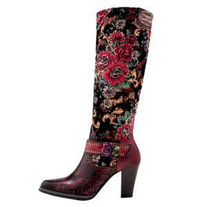 Dam knähöga ridboots med blommigt sammetsmönster och höga klackar