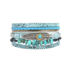 Damarmband med western boho läderomslag med inslag av turkos och fjäderaccenter