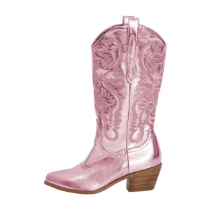 Damens glansiga broderade knähöga cowboy boots med bred vad