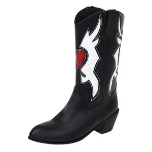 Damens svarta cowboy boots med hjärtapplikation i mitten av vaden och fyrkantig klack