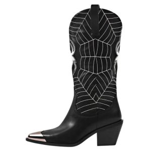 Damens svarta spindelnät broderade cowboy boots