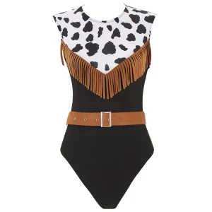 Damlig western cowgirlfransad bodysuit med mockabälte