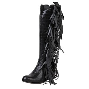 Dams knälånga cowboy boots med fransar och siddragkedja