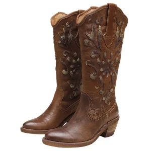 Dams läder cowboy boots med präglat blommönster