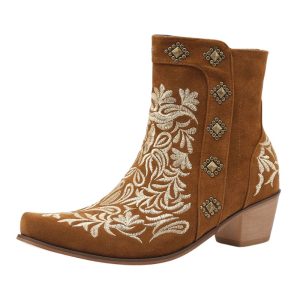 Damsmocka westernankelboots med blommigt broderi