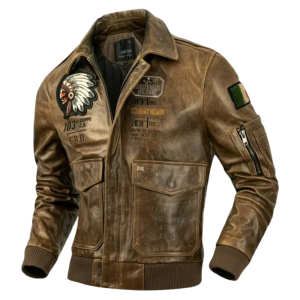 Herr western läder bomberjacka med broderad indisk patch