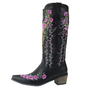 Kvinnors cowboy boots med blommigt broderi och buffelskalle design