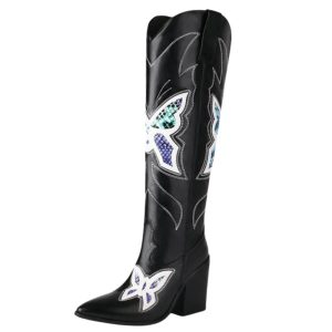 Kvinnors knähöga western-cowboy boots med fjärilsbroderi