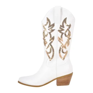 Kvinnors paljettbroderade vita cowgirl boots