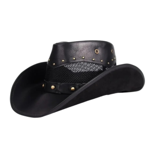 Läder cowboyhatt med nätkrona och nitarband