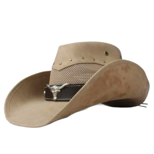 Läder cowboyhatt med nätkrona och tjurhuvud