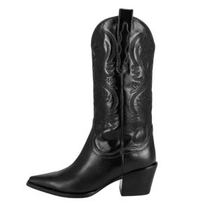 Matt cowboy boots med broderad design och mellankalfslängd