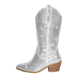 Strassprydda knähöga cowboy boots med sidodragkedja