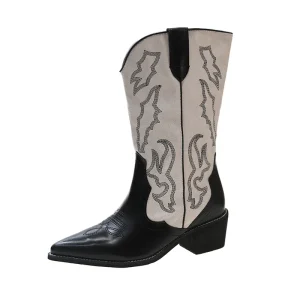 Svarta och beige mellankalv western damboots med broderat pu-läder