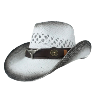 Vit strå cowboyhatt med tjurskalleband